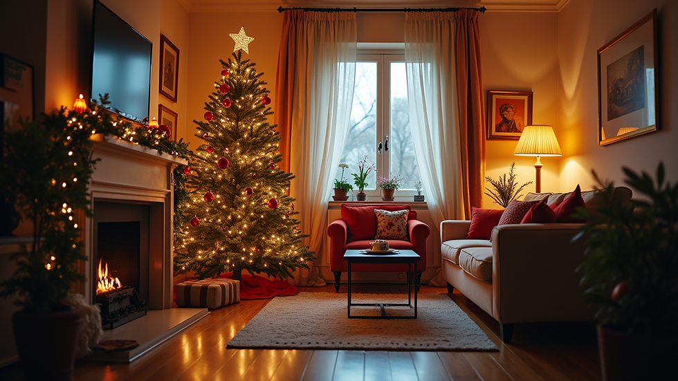 Eye-level view of a living room with a decorated Christmas tree and cozy seating