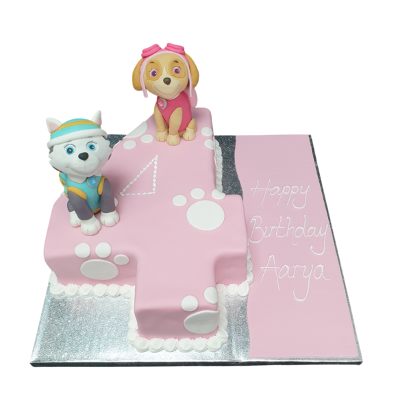 A colourful and fun Paw Patrol themed cake featuring characters from the popular children's TV show, perfect for a birthday celebration.