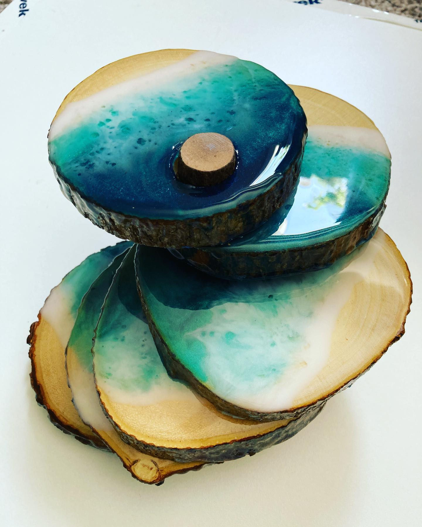 Ocean Coasters on Wood Slice Stackable