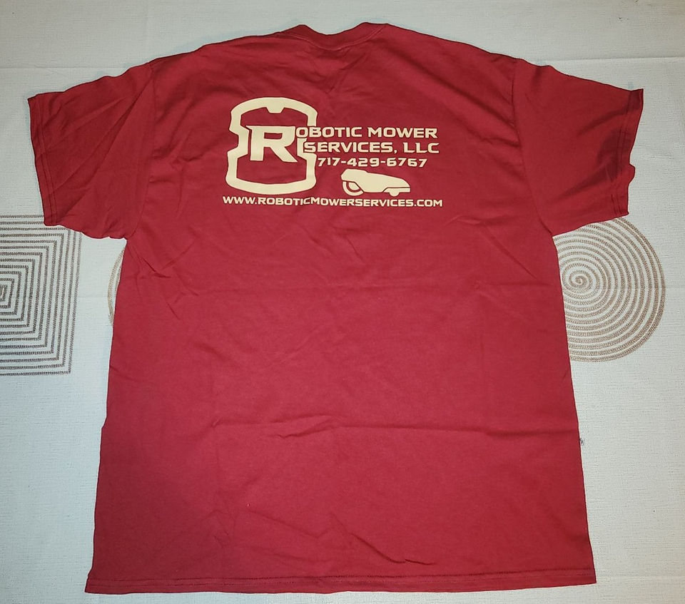 XL cardinal red Robotic Mower Services t-shirt. Also available in sized SMALL, MEDIUM, & LARGE. Visit www.RoboticMowerServices.com to purchase yours.