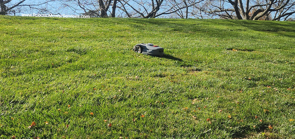 Sunseeker Orion X7 robot mower handling rough terrain of a steep