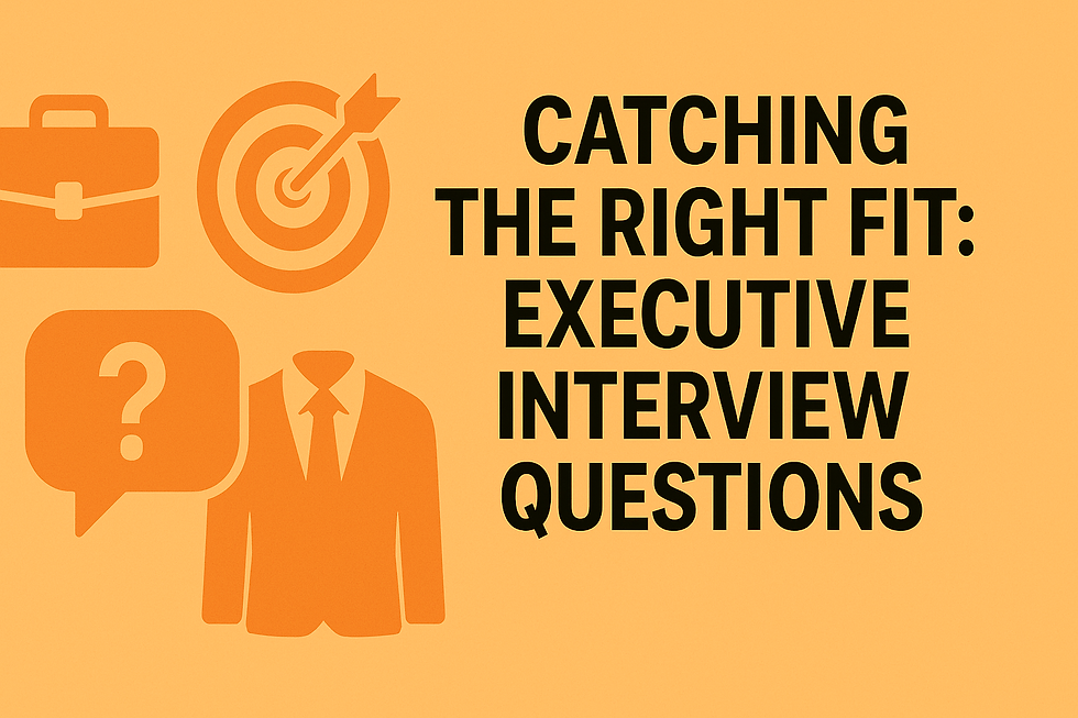 Orange icons of a briefcase, target, question mark, and suit on a light orange background with text: "Catching the Right Fit: Executive Interview Questions."