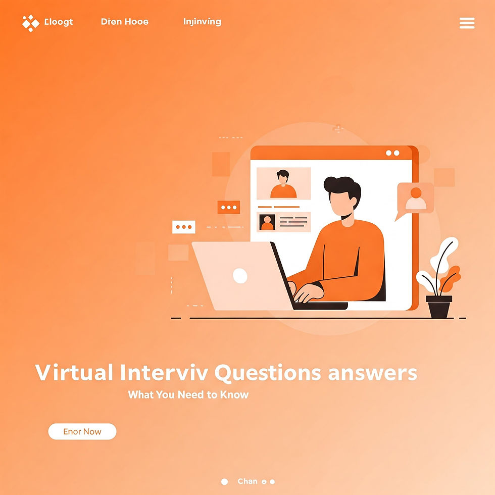 Illustration of a person at a laptop, text reads "Virtual Interviv Questions answers." Orange, minimalistic design with plant. Buttons visible.
