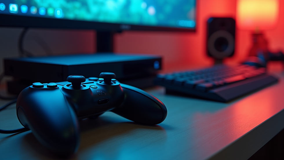 Eye-level view of a gaming setup with a console and controllers