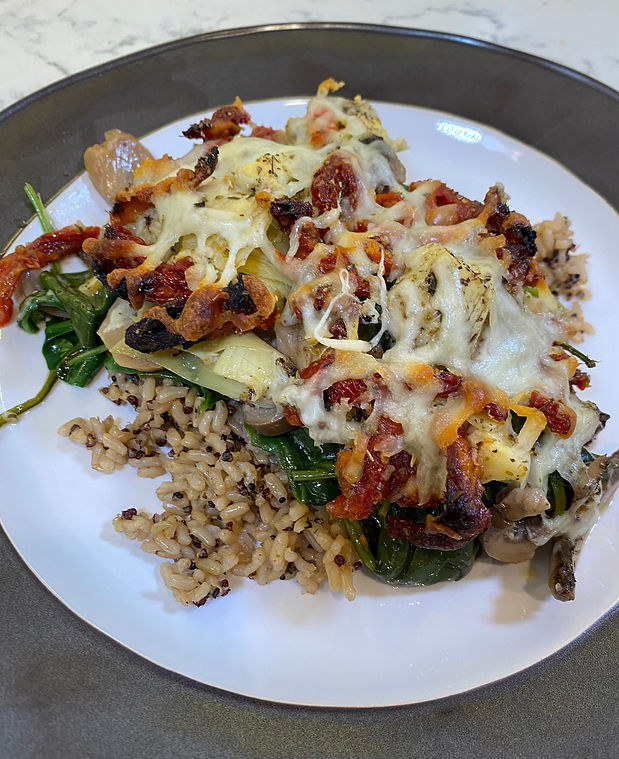 Tuscan Chicken with Spinach, Artichokes, Sun Dried Tomatoes and Mushrooms
