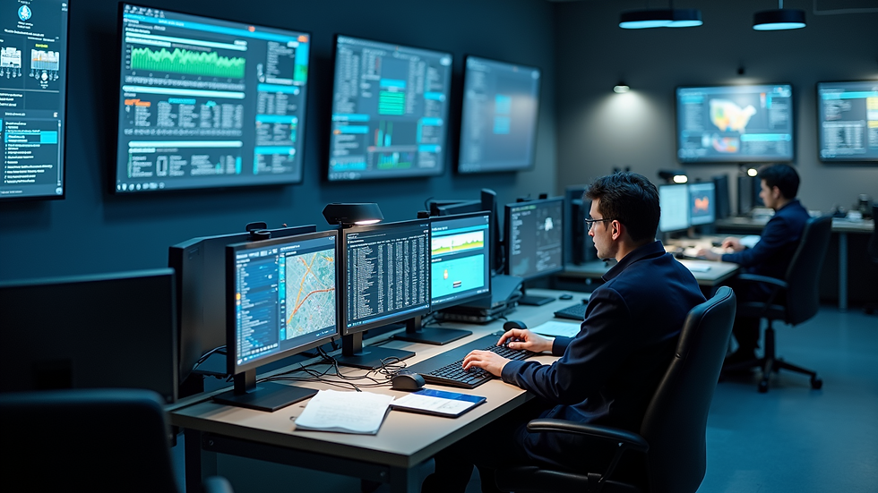 High angle view of a logistics control room with multiple screens showing shipment tracking