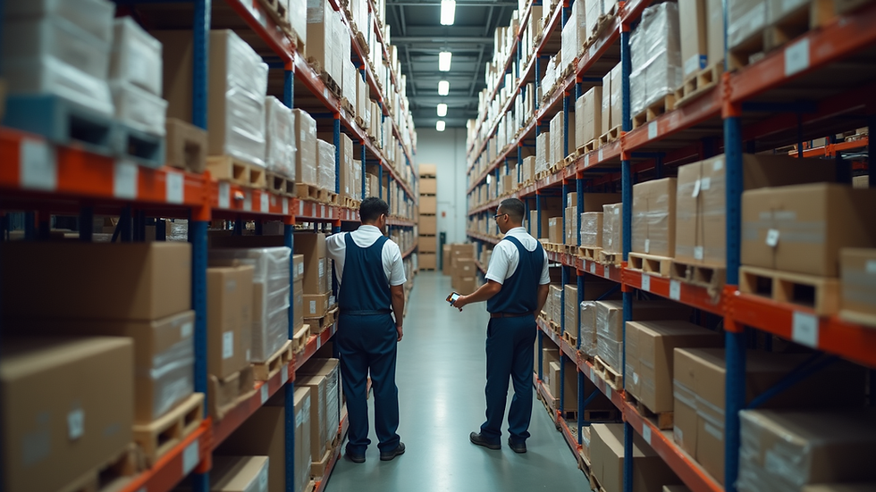 High angle view of warehouse workers scanning barcodes on inventory shelves