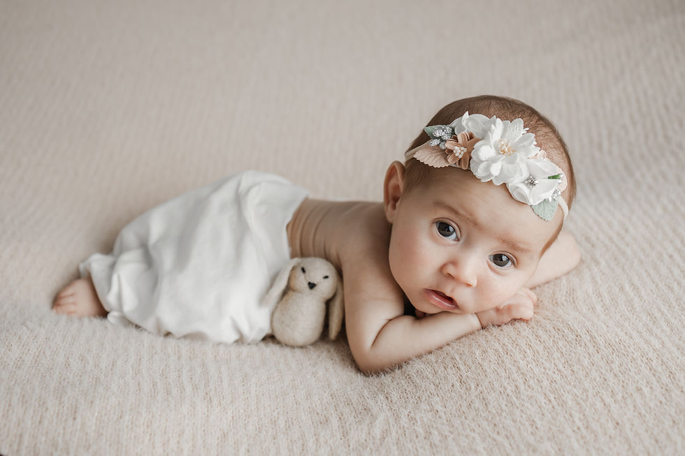Newborn photography photo with bunny and flower headband, Newborn Photographer Werribee