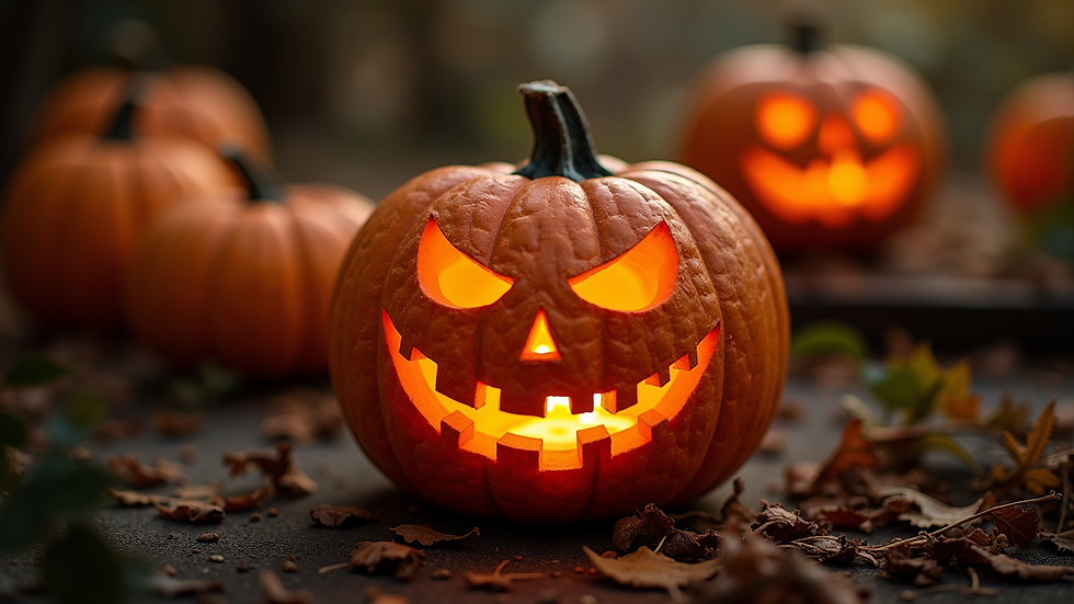 Close-up view of a carved pumpkin with intricate designs