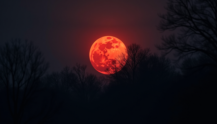 Close-up view of a dark red moon rising behind silhouetted trees