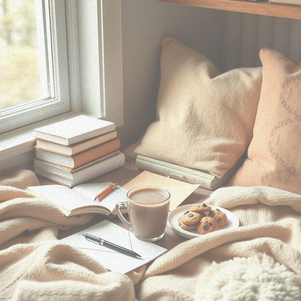 “Cozy desk corner scene with an open letter, pen, stack of books, cup of chocolate milk in