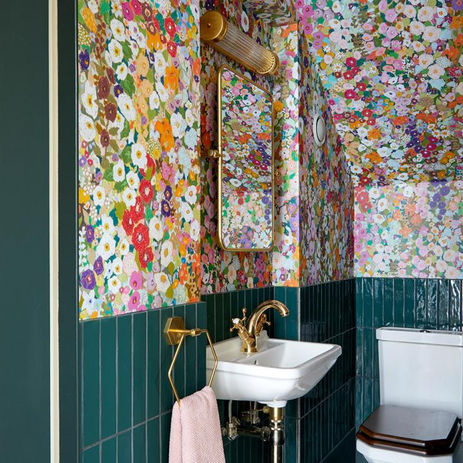 powder room update - bold wallpaper - green subway tiles - gold fixtures - coburndesignrem