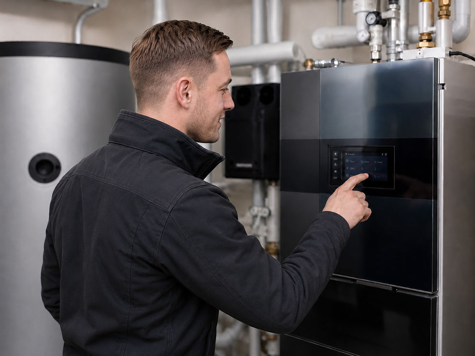G.A.S Installateur prüft die digitale Steuerung einer Heizungsanlage_KI-generiert