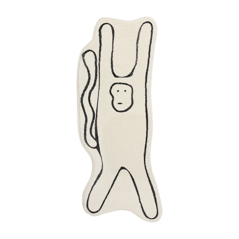 White rug with black illustration of stick figure, Sora Mat, decorative shape.