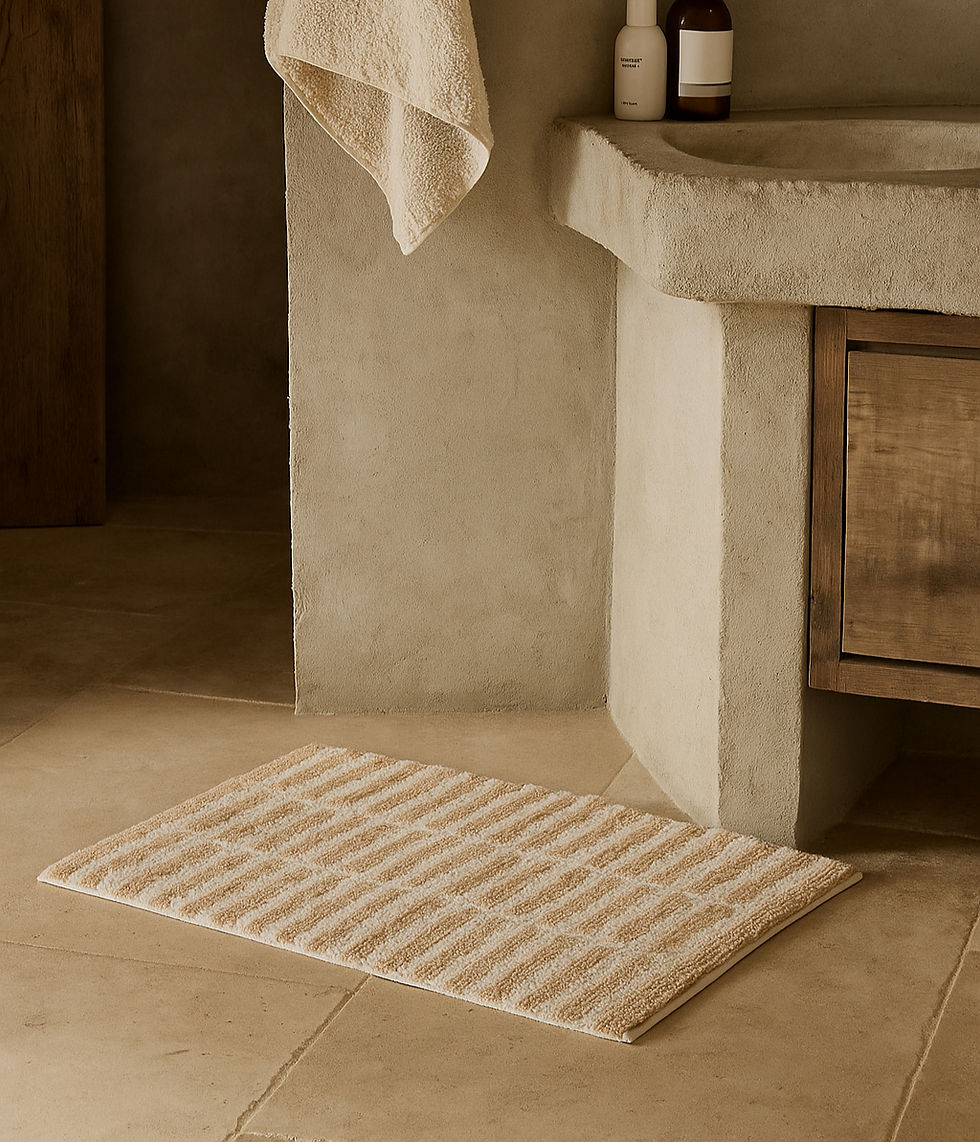 Beige striped bath mat in a minimalist bathroom setting near sink.
