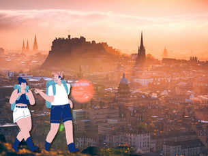 Cartoon of two backpackers in front of the Edinburgh skyline with the sun over them.