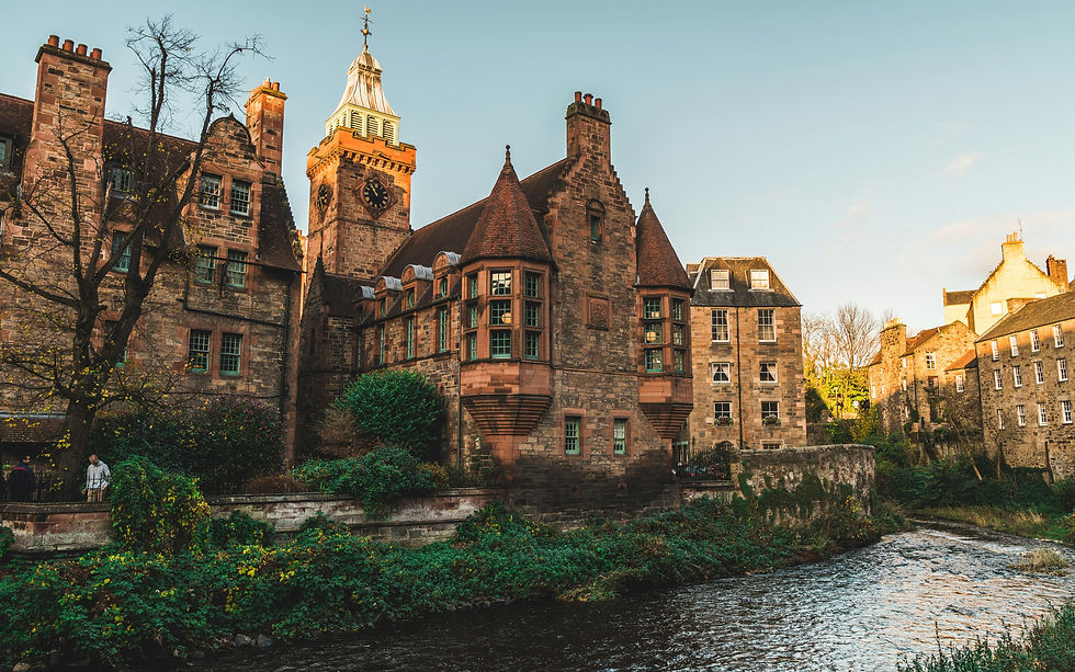 Dean Village glimmers on a crisp Autumn day, with its historic buildings and beautiful walking paths.