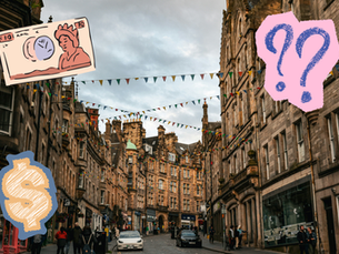 A historic street in Edinburgh with buildings curving around a cobbled road and bunting hanging in between. Graphics of question marks, dollar signs and pound signs have been overlayed on top.