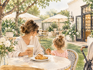 Watercolor image of a mom and daughter at a local coffee shop