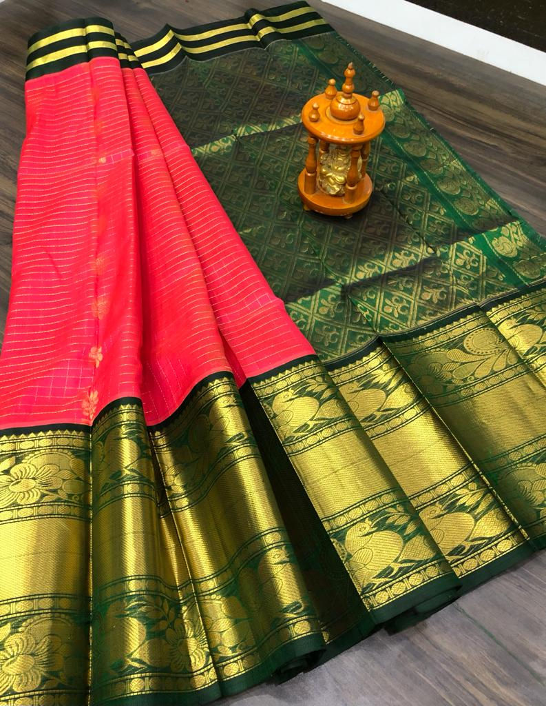 Premium Quality Kanchi Kuppadam Saree In Pink With Beautiful Pallu And Border