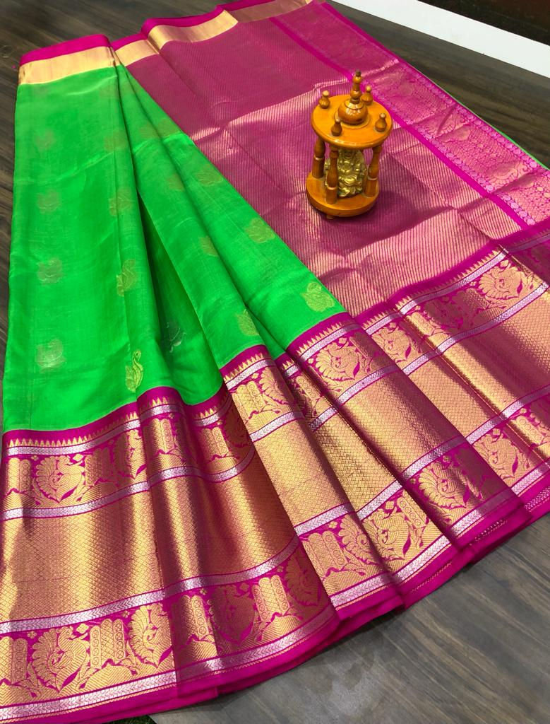 Premium Quality Kanchi Kuppadam Saree In Green With Beautiful Pallu And Border