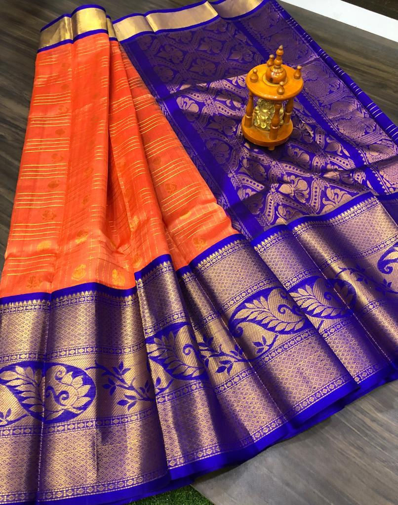 Premium Quality Kanchi Kuppadam Saree In Orange With Beautiful Pallu And Border