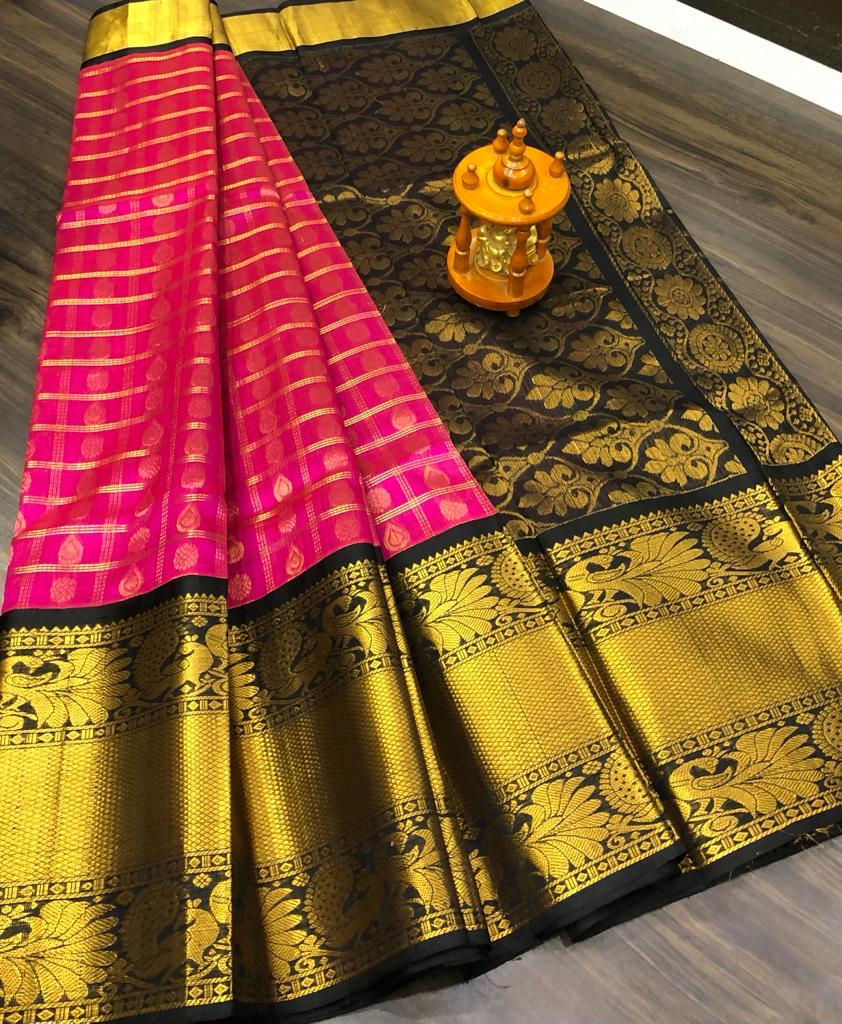 Premium Quality Kanchi Kuppadam Saree In Pink With Beautiful Pallu And Border