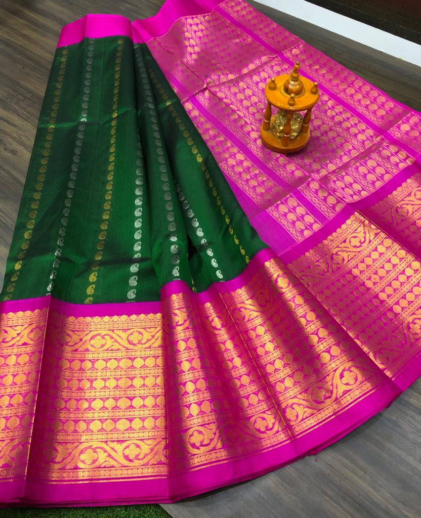 Premium Quality Kanchi Kuppadam Saree In Bottle Green With Beautiful Pallu