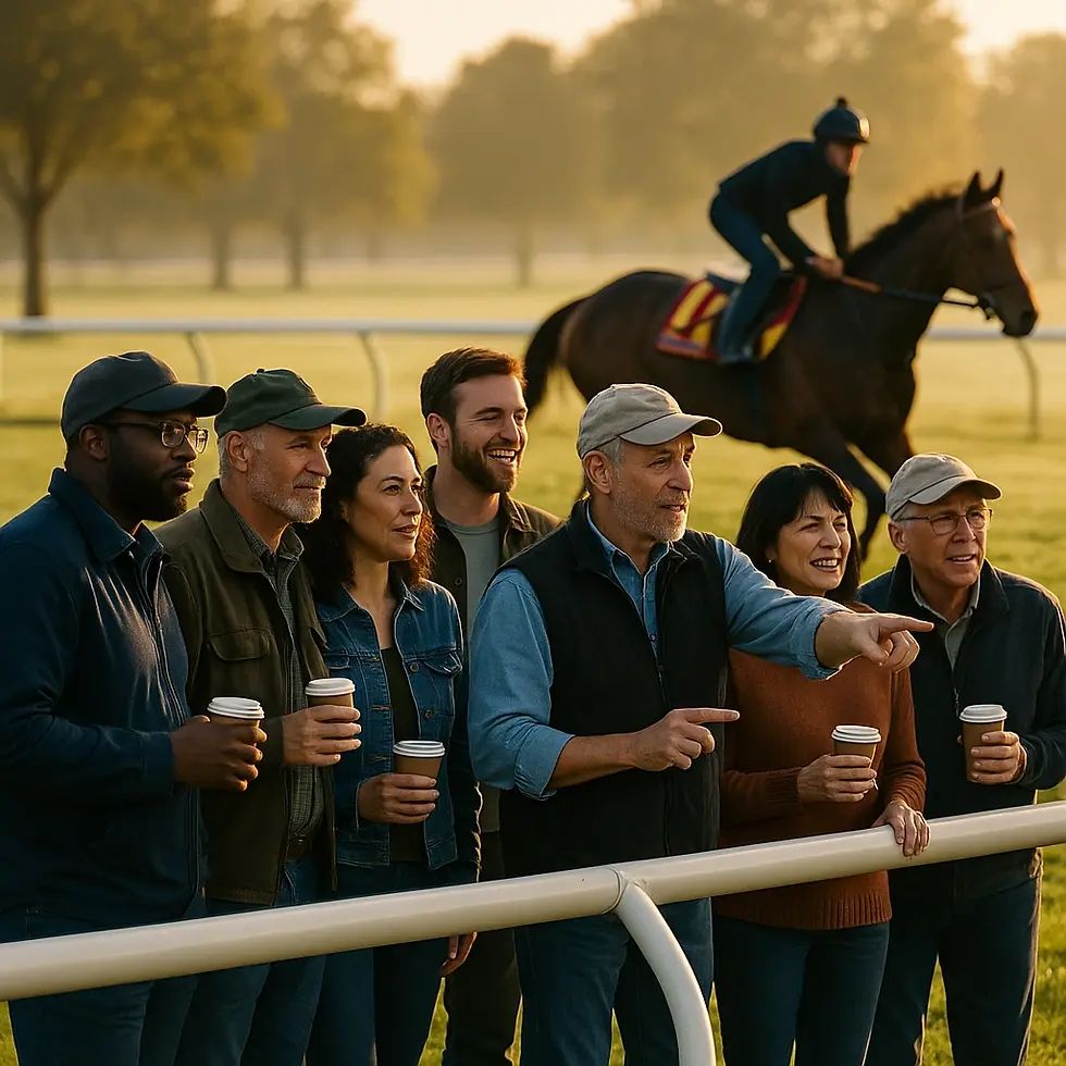 Group of seven people holding coffee cups, smiling and watching a horse race at sunrise. A jockey rides a horse in the background.
