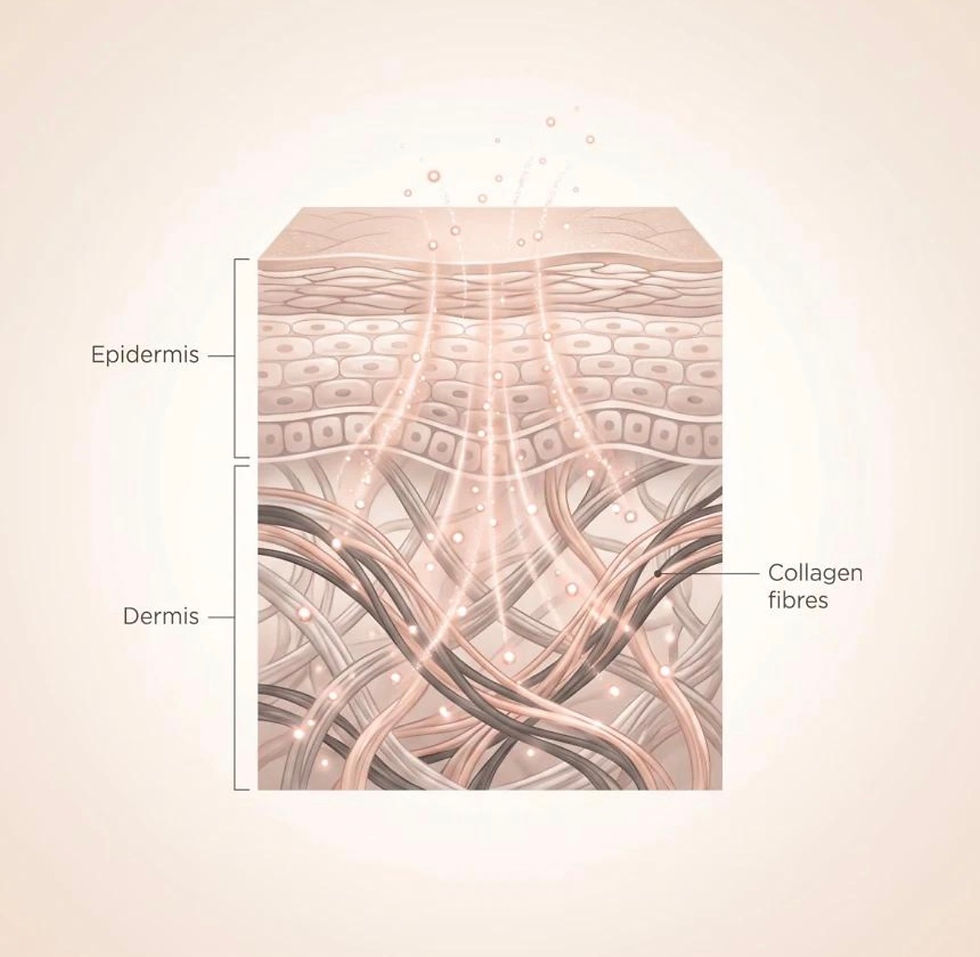 Collagen fibers in the dermis supporting skin firmness and elasticity.