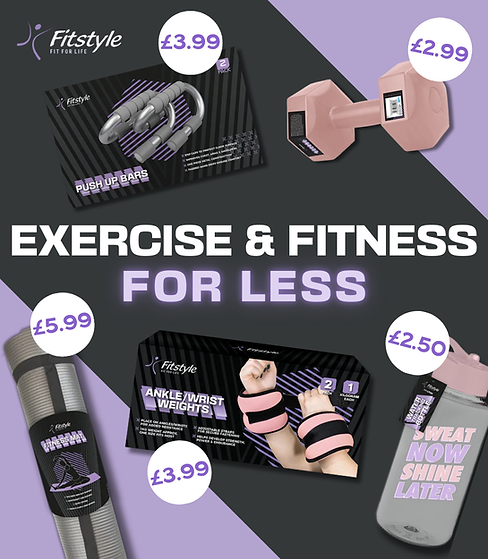 deals being offered on exercise equipment such as yoga mats, ankle & wrist weights, water bottles, push up bars and dumb bells