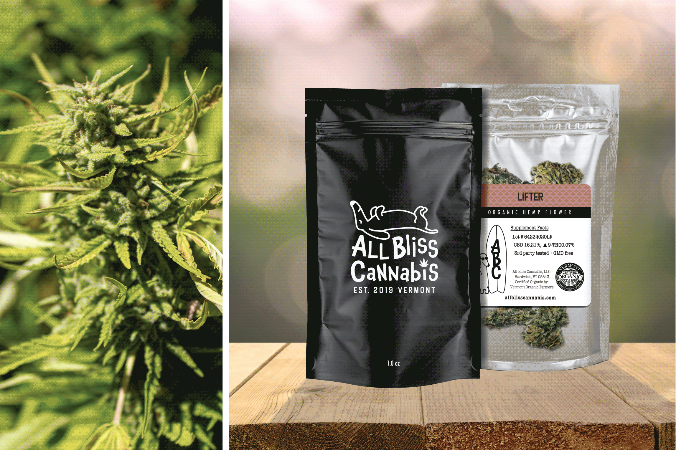 All Bliss Cannabis packaging design with different colored labels and flowering hemp plant