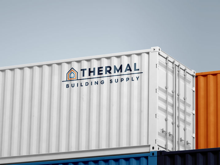 White shipping container with logo on the broad side