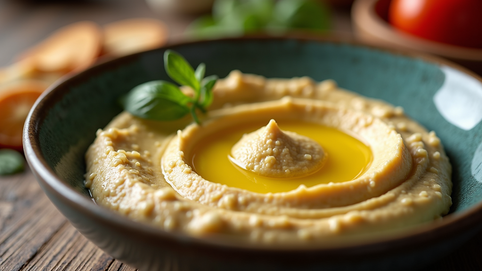Close-up view of a bowl of homemade hummus with a drizzle of olive oil