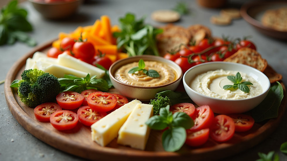 High angle view of a beautifully arranged mezze platter with an assortment of dips, vegetables, and cheeses.