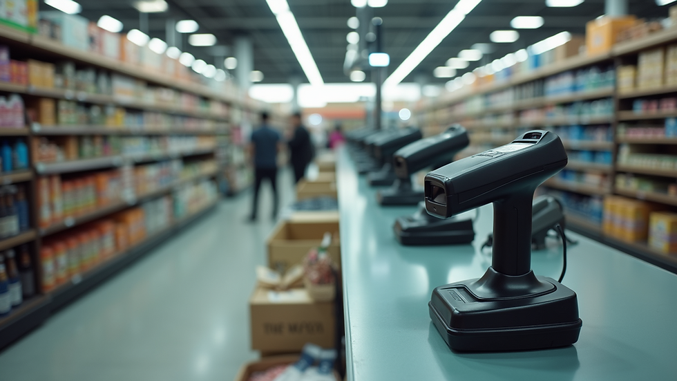 High-angle view of a retail store showing barcode scanners on various checkout counters