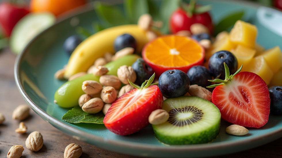 Close-up view of a vibrant plate filled with assorted healthy foods including fruits, vegetables, and nuts
