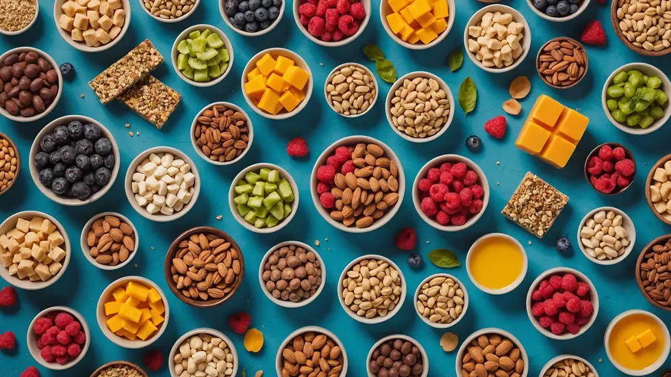 High angle view of an array of colorful ingredients used for homemade Rx bars