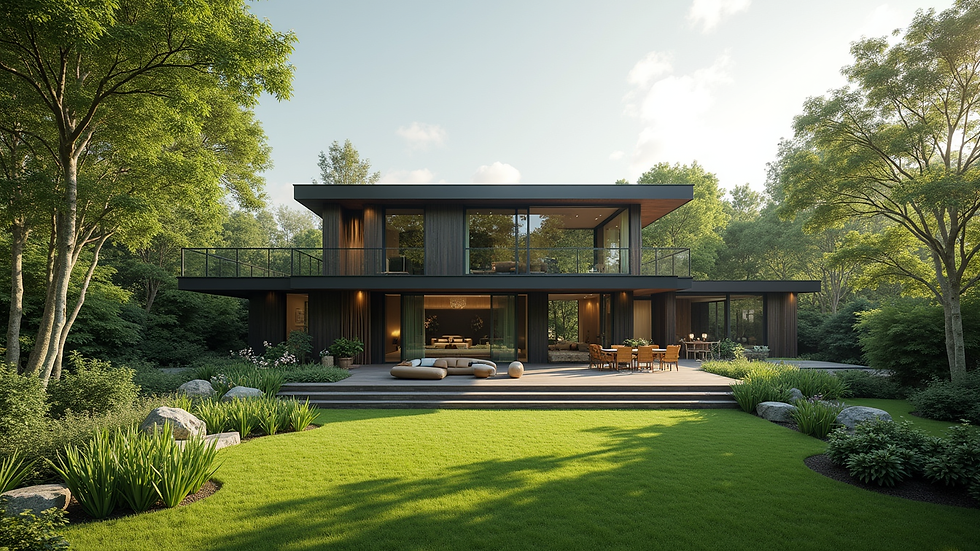 High angle view of a contemporary home with green landscaping
