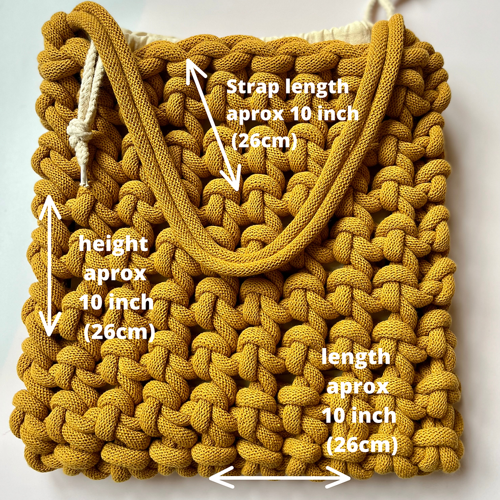 Thumbnail: yellow knotted bag lying flat with text overlay of the bag measurements