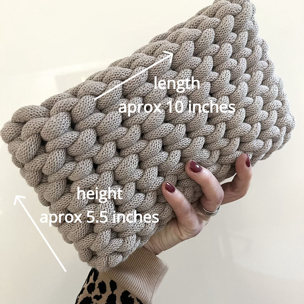 taupe coloured clutch  with text of the bag measurements