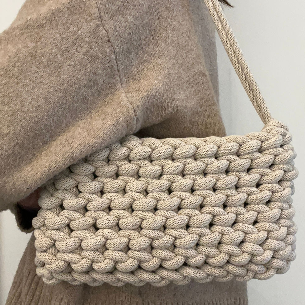 Thumbnail: close up of person wearing compact soft beige shoulder bag