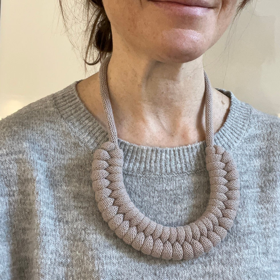 lady wearing taupe coloured knotted cotton cord necklace