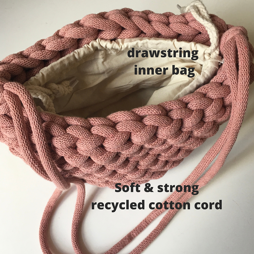 Thumbnail: top view of blush pink knotted cotton bag with text - 'drawstring inner bag' and 'soft & strong recycled cotton cord'