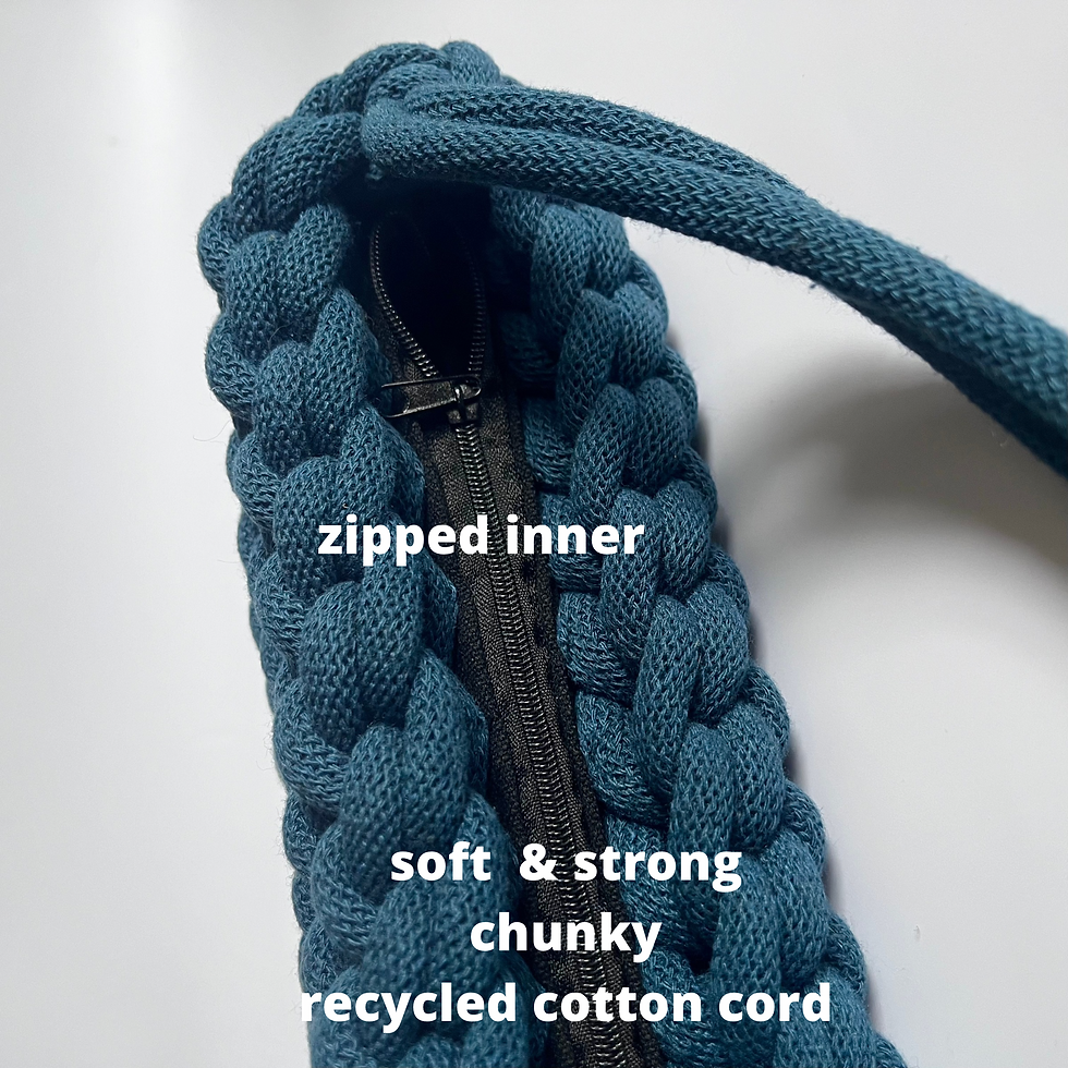 Thumbnail: dark teal bag with text reading. 'zipped inner' and 'soft & strong chunky recycled cotton cord