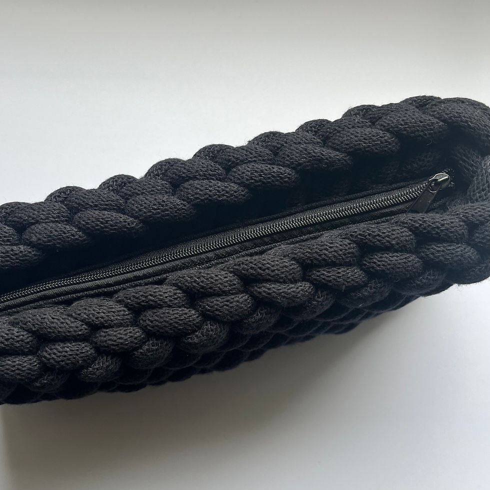 Thumbnail: top view of knotted soft black clutch bag showing closed zip