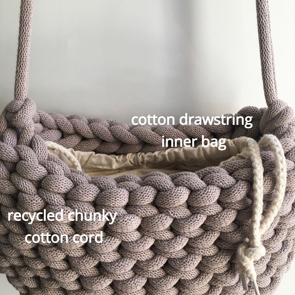 Thumbnail: close up of taupe shoulder bag with text reading 'cotton drawstring inner' and 'chunky recycled cotton cord'