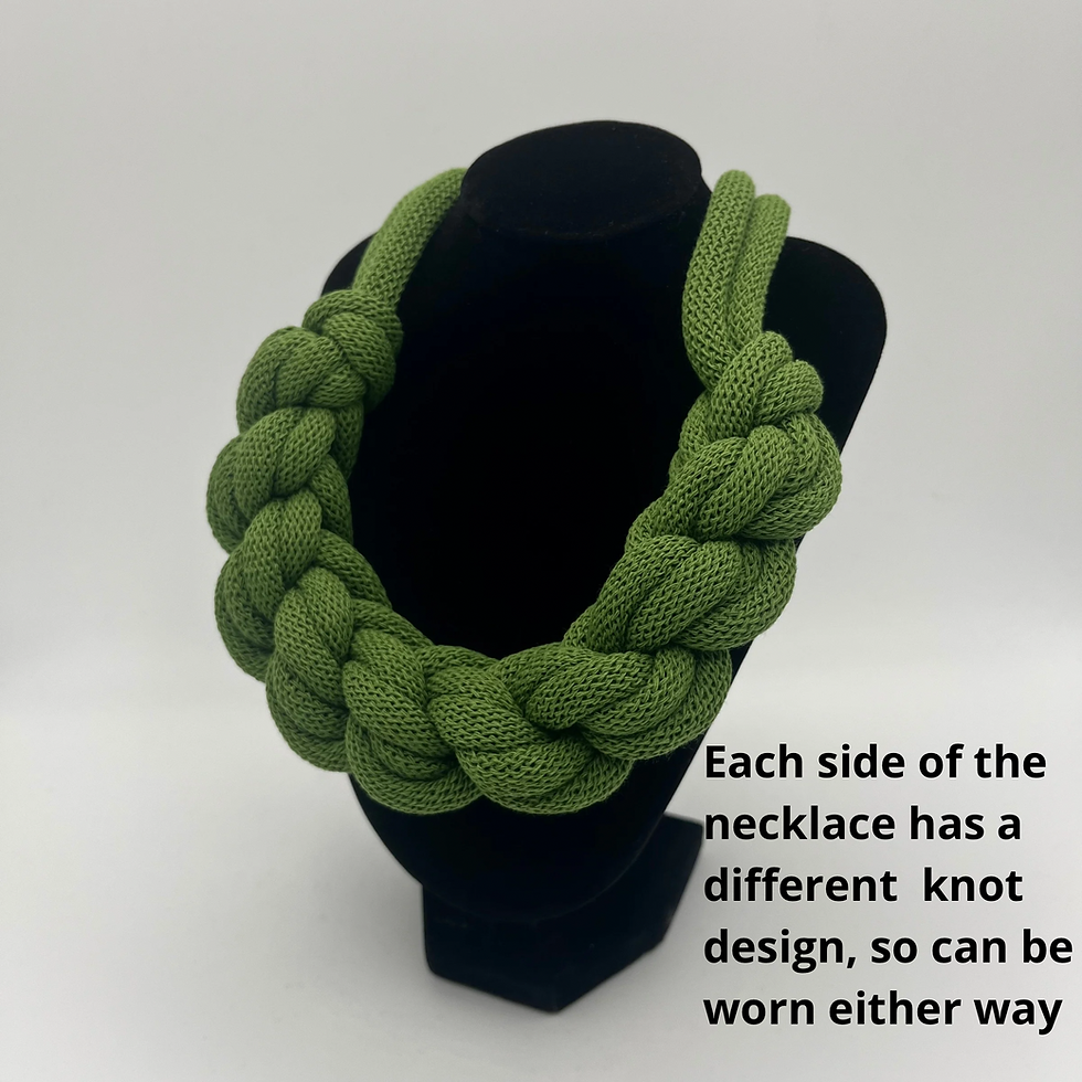 Thumbnail: jewellery bust displaying fern green chunky knotted necklace with text overlay saying it can be worn either way round
