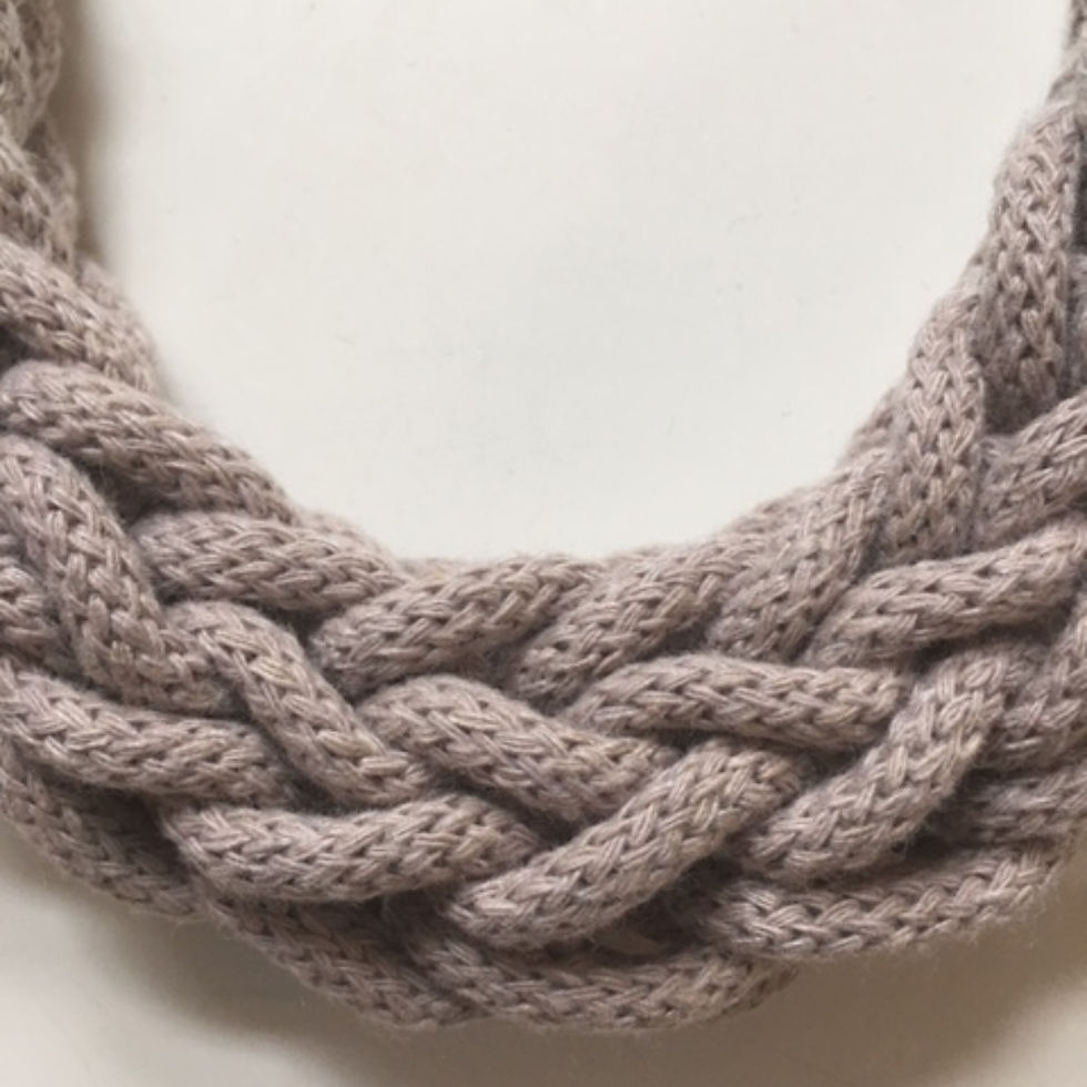 Thumbnail: close up of taupe coloured crocheted necklace made from recycled cotton cord