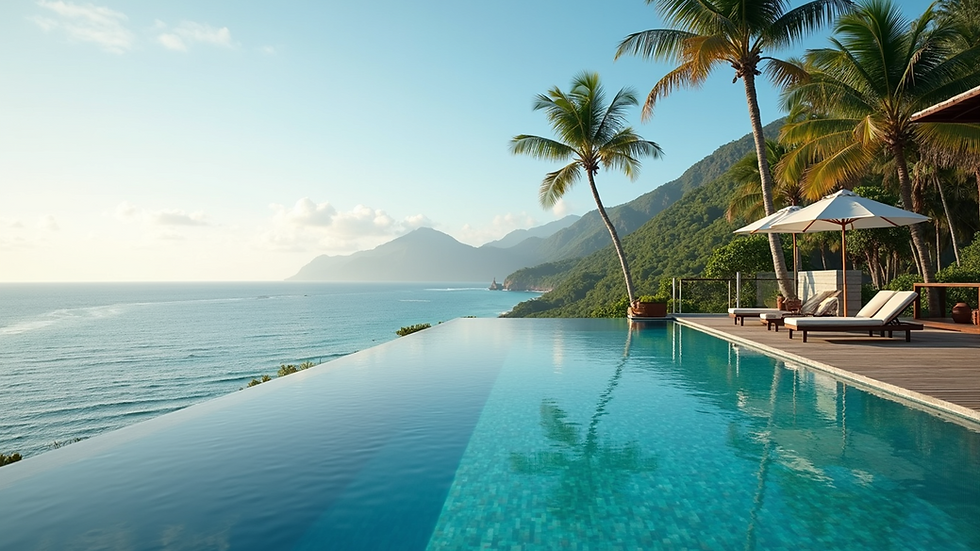 Wide angle view of an eco-friendly resort’s infinity pool overlooking the ocean